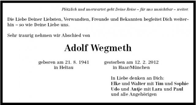 Wegmeth Adolf 1941-2012 Todesanzeige